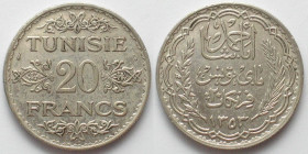 TUNISIA. French Protectorate, 20 Francs AH 1353 (1934) Ahmad Pasha Bey silver AU,