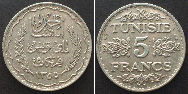 TUNISIA. French Protectorate, 5 Francs AH 1355 (1936) Ahmad Pasha Bey, silver AU...