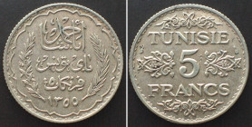 TUNISIA. French Protectorate, 5 Francs AH 1355 (1936) Ahmad Pasha Bey, silver AU