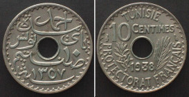TUNISIA 10 Centimes 1938, AHMAD PASHA BEY, Nickel-Bronze, UNC-!!!