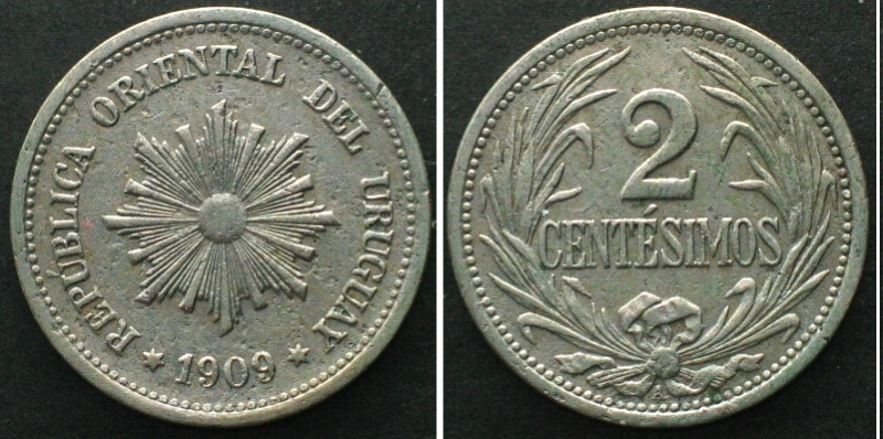 URUGUAY. 2 Centesimos 1909 A, Cu-Ni, XF! KM# 20.