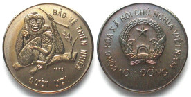 VIETNAM 10 Dong 1990 Crested gibbons WWF Cu-Ni BU