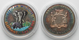 ZAMBIA 5000 Kwacha 1999 Elephants AFRICAN WILDLIFE silver 1oz COLORED