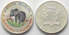 ZAMBIA 5000 Kwacha 2000 Elephants AFRICAN WILDLIFE silver 1oz MULTICOLOR. 
Patina / Colored fauna