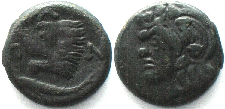 CIMMERIAN BOSPOROS. Pantikapaion, AE 19mm 310-304 BC, Pan / lion & sturgeon, aXF...