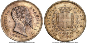 Emilia. Vittorio Emanuele II 50 Centesimi 1859-B MS64 NGC, Bologna mint, KM7. Only three certified higher by NGC. A gunpowder and amber sheen in-hand....