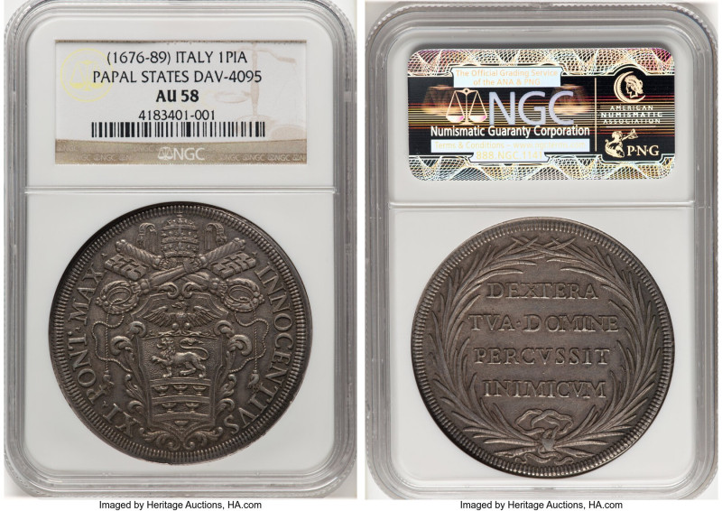 Papal States. Innocent XI Piastra ND (1676-1689) AU58 NGC, Rome mint, KM408, Dav...