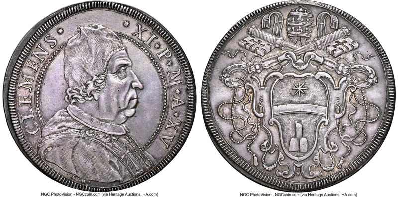 Papal States. Clement XI Piastra (1715)-XV AU55 NGC, Rome mint, KM763, Dav-1448....