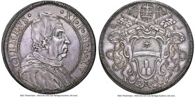 Papal States. Clement XI Piastra (1715)-XV AU55 NGC, Rome mint, KM763, Dav-1448. Rare emission with expansive devices, seen here in an even cabinet to...