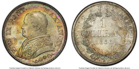 Papal States. Pius IX Lira Anno XXI (1866)-R MS66 PCGS, Rome mint, KM1377.2. Small bust variety. A beautiful iridescent patination surrounding bust an...