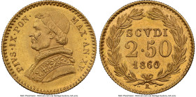 Papal States. Pius IX gold 2-1/2 Scudi 1860-XV-R MS66 NGC, Rome mint, KM1117. Tied with one other piece for NGC's top pop. HID09801242017 © 2024 Herit...