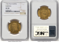 Sardinia. Carlo Emanuele III gold Doppia 1766 AU58 NGC, Torino mint, KM51, Fr-1105. The first instance our firm has offered this date-type, displaying...
