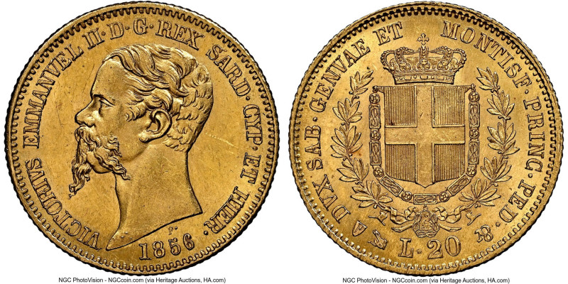 Sardinia. Vittorio Emanuele II gold 20 Lire 1856 (Anchor)-P MS64 NGC, Genoa mint...