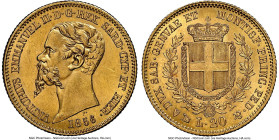 Sardinia. Vittorio Emanuele II gold 20 Lire 1856 (Anchor)-P MS64 NGC, Genoa mint, KM146.2. Top Pop sunny example with cartwheel luster. Ex. Koehlmoos ...