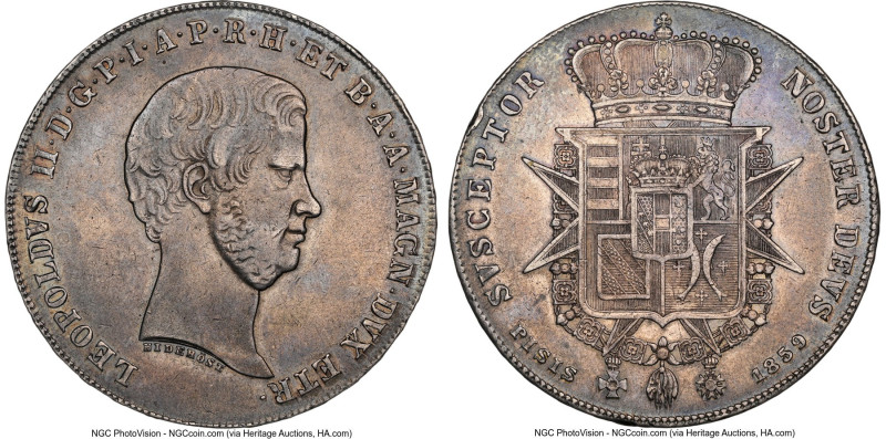 Tuscany. Leopold II Francescone (4 Fiorini) 1859 AU50 NGC, KM-C75b. From the Med...