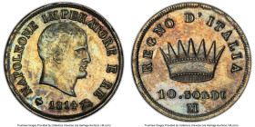 Kingdom of Napoleon. Napoleon I 10 Soldi 1814-M AU58 PCGS, Milan mint, KM-C6.1. A lovely charcoal flashes of multicolored patina and clear relief. HID...