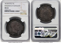 Kingdom of Napoleon. Napoleon I 5 Lire 1814-M MS63 NGC, Milan mint, KM10.4, Dav-202. Best grade we have offered for this key, by far the most desirabl...