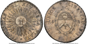 Rio de la Plata 8 Reales 1813 PTS-J AU58 NGC, Potosi mint, KM5, Elizondo-1, Janson-4.1. A fairly scarce example of this sought-after sunface type in a...
