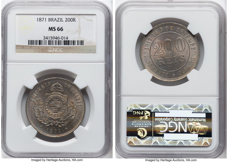 Pedro II 200 Reis 1871 MS66 NGC, Rio de Janeiro mint, KM478, LMB-16. First year ...