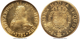 Ferdinand VI gold "La Luz" 8 Escudos 1751 So-J MS62 NGC, Santiago mint, KM3, Cal-824 (prev. Cal-72). Satisfying to see such a luminous near-Choice off...