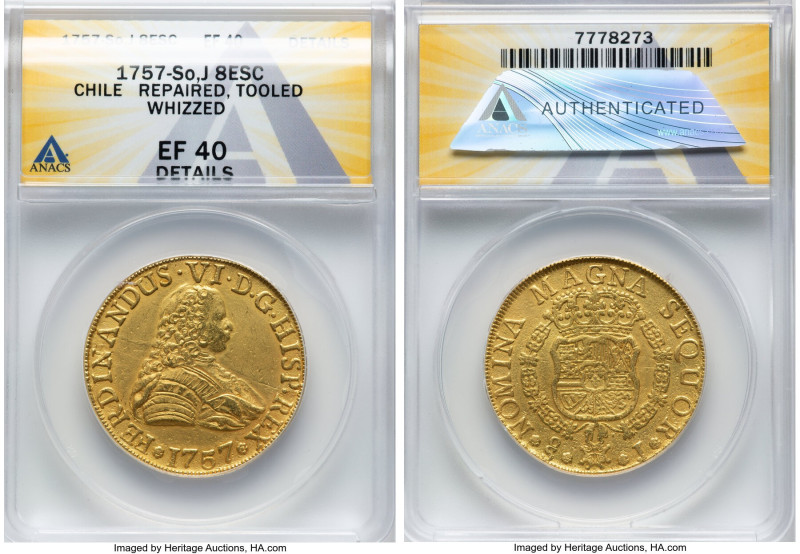 Ferdinand VI gold 8 Escudos 1757 So-J XF40 Details (Repaired, Tooled, Whizzed) A...