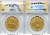 Ferdinand VI gold 8 Escudos 1757 So-J XF40 Details (Repaired, Tooled, Whizzed) ANACS, Santiago mint, KM3, Fr-5, Cal-833. Glimmering honey-gold tones d...