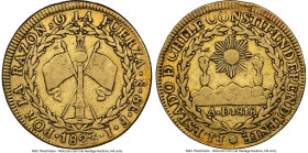 Republic gold 8 Escudos 1823 So-FI VF25 NGC, Santiago mint, KM84, Fr-33. Punctuated by pewter-grey toning in the crevices of the devices. HID098012420...