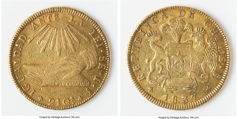 Republic gold 8 Escudos 1837 So-IJ XF (surface damage), Santiago mint, KM93, Fr-...