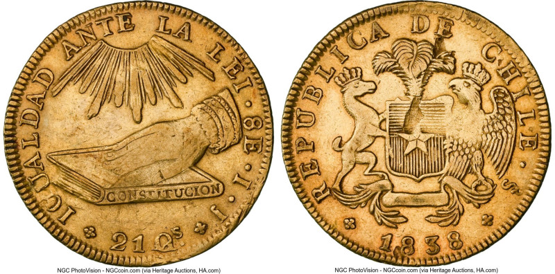 Republic gold 8 Escudos 1838 So-IJ VF35 NGC, Santiago mint, KM93, Fr-37. Final y...