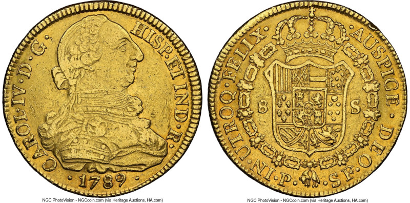 Charles IV gold 8 Escudos 1789 P-SF AU50 NGC, Popayan mint, KM53.2. HID098012420...