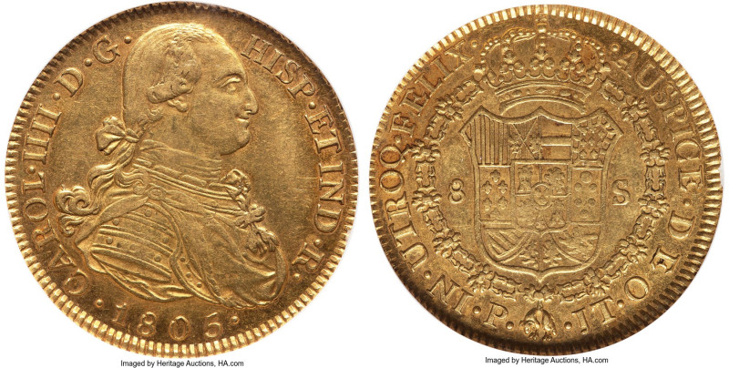 Charles IV gold 8 Escudos 1805 P-JT AU58 NGC, Popayan mint, KM62.2, Cal-1684, Fr...