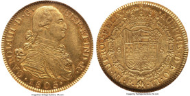 Charles IV gold 8 Escudos 1805 P-JT AU58 NGC, Popayan mint, KM62.2, Cal-1684, Fr-52. Gentle patina brushes the goldenrod planchet of this nearly Mint ...