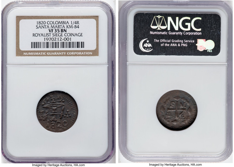 Santa Marta. Royalist Siege 1/4 Real 1820 VF35 Brown NGC, KM-B4. Royalist Siege ...
