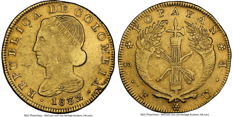 Republic gold 8 Escudos 1832/22 POPAYAN-UR XF40 NGC, Popayan mint, KM82.2, Fr-68...