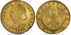 Republic gold 8 Escudos 1832/22 POPAYAN-UR XF40 NGC, Popayan mint, KM82.2, Fr-68. A seldom-seen overdate type that remains to be the only graded examp...