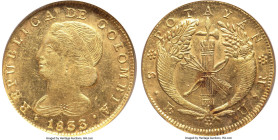 Republic gold 8 Escudos 1833/2 POPAYAN-UR MS60 NGC, Popayan mint, KM82.2. Strong visibility for the overdate on this Mint State offering and possessin...