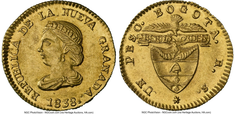 Nueva Granada gold Peso 1838 BOGOTA-RS MS63 NGC, Bogota mint, KM93. A hearty gol...