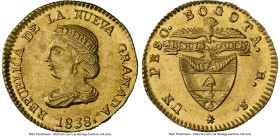 Nueva Granada gold Peso 1838 BOGOTA-RS MS63 NGC, Bogota mint, KM93. A hearty golden issue scarce in any grade, this Choice offering is not to be misse...