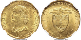 Nueva Granada gold 16 Pesos 1841 BOGOTA-RS MS60 NGC, Bogota mint, KM94.1. Slight wisps curtailing the grade are glossed over when one observes the cir...