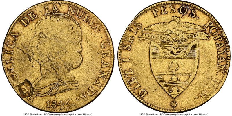 Nueva Granada gold 16 Pesos 1845 POPAYAN-UM Fine 15 NGC, Popayan mint, KM94.2. A...