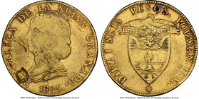 Nueva Granada gold 16 Pesos 1845 POPAYAN-UM Fine 15 NGC, Popayan mint, KM94.2. An attainable example of this early Republican "Libertad" decorated lar...