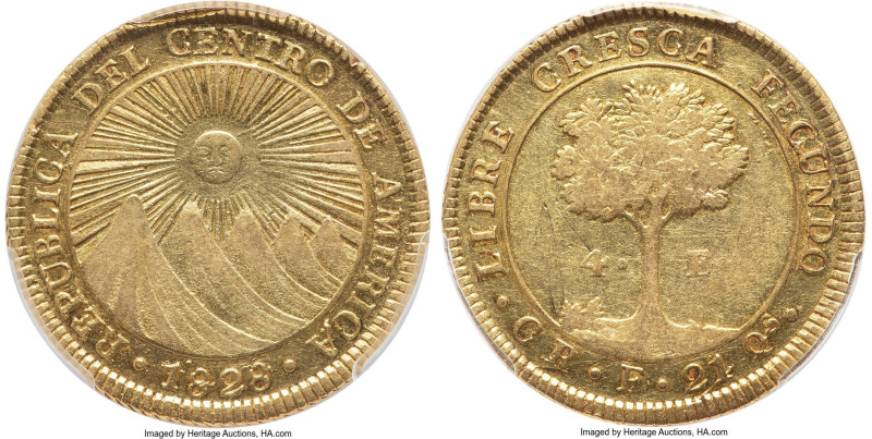 Central American Republic gold 4 Escudos 1828 CR-F XF Details (Scratch) PCGS, Sa...