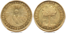 Central American Republic gold 4 Escudos 1828 CR-F XF Details (Scratch) PCGS, San Jose mint, KM16, Fr-2. A better type with plenty of detail but the r...