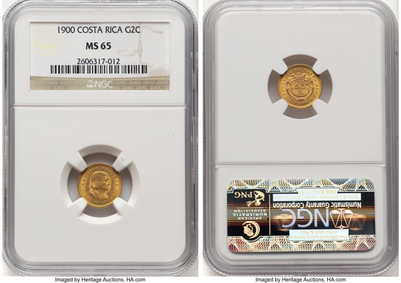 Republic gold 2 Colones 1900 MS65 NGC, Philadelphia mint, KM139. From the Globus...