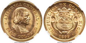 Republic gold 10 Colones 1899 MS64 NGC, Philadelphia mint, KM140. Quite difficult to obtain at this height of Mint State brilliance, last offered this...