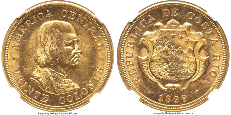 Republic gold 20 Colones 1899 MS63 NGC, Philadelphia mint, KM141, Fr-19. Second ...