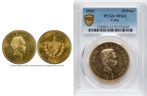 Republic gold 20 Pesos 1915 MS61 PCGS, Philadelphia mint, KM21, Fr-1. A glimmering Mint State example of this sought-after type, with an even honey-to...