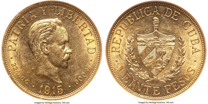 Republic gold 20 Pesos 1915 AU58 NGC, Philadelphia mint, KM21, Fr-1. Featuring a...