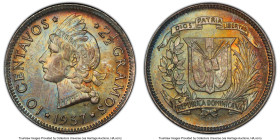 Republic 10 Centavos 1937 MS65+ PCGS, Royal Canadian Mint, KM19. In the top handful certified by PCGS, this bewitching offering displays a bright teal...