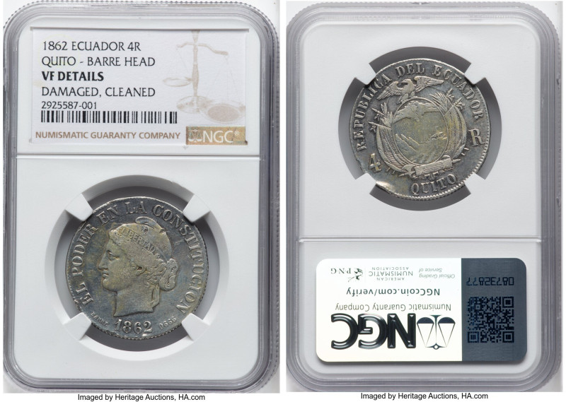 Republic "Barre Head" 4 Reales 1862 VF Details (Damaged, Cleaned) NGC, Quito min...